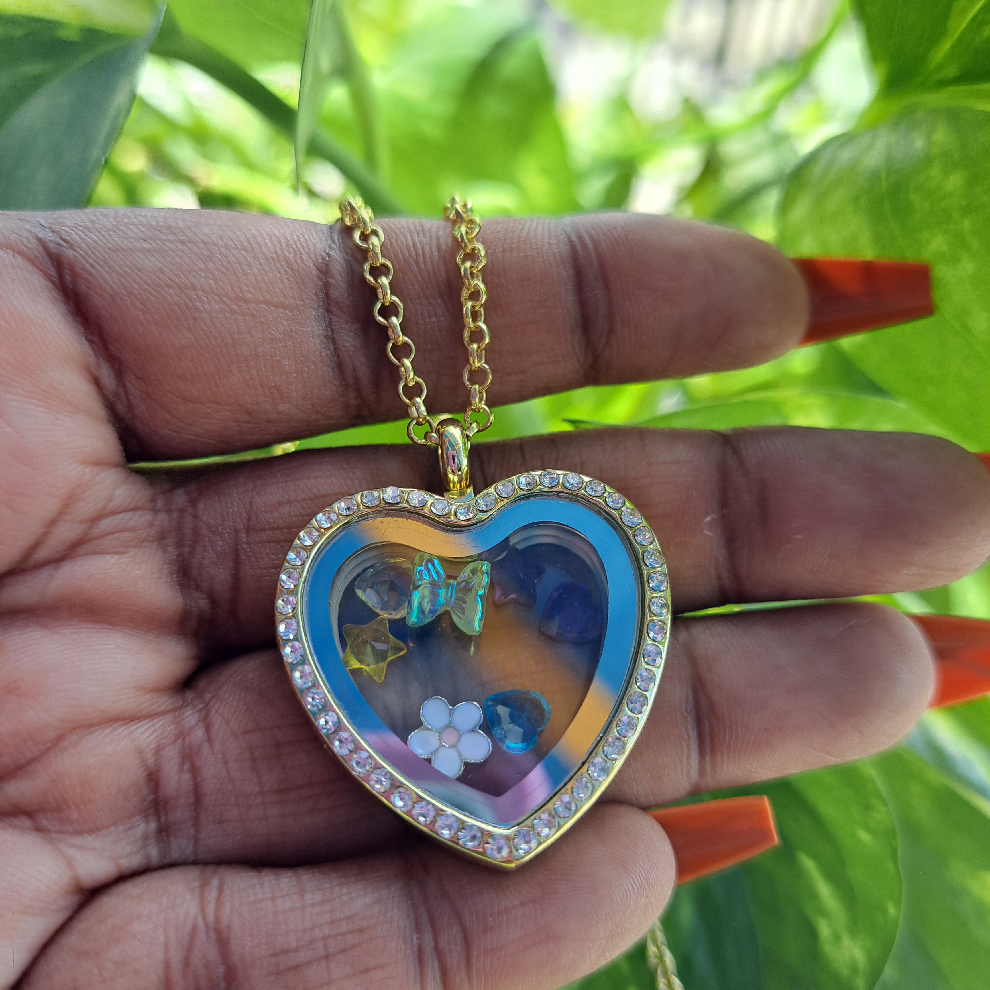 Floating Charms Heart Rhinestones Pendant Locket Stainless Steel Necklace
