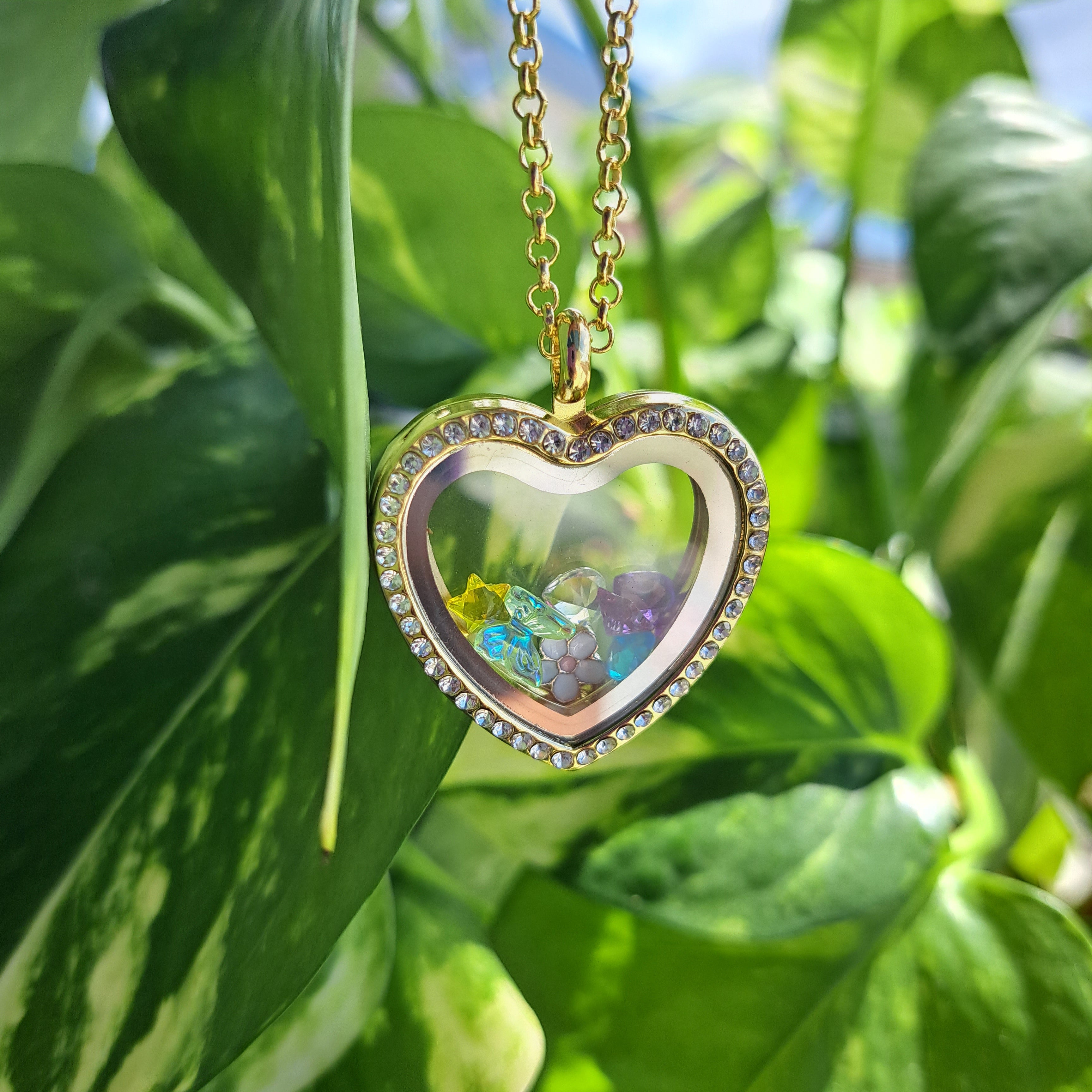 Floating Charms Round Rhinestones Pendant Locket Stainless Steel Necklace