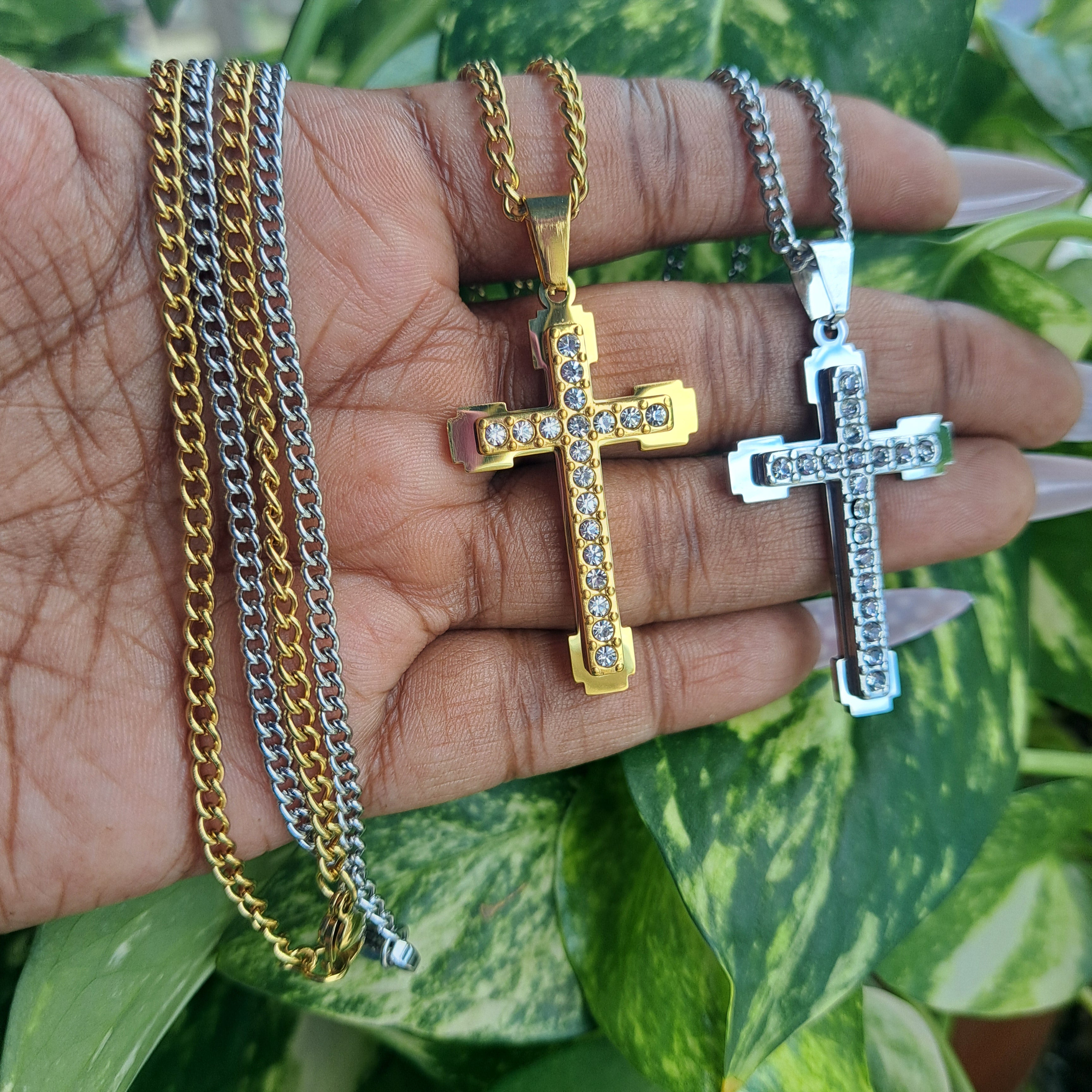 Cross Stainless Steel Necklace_ 2 Layer Rhinestones