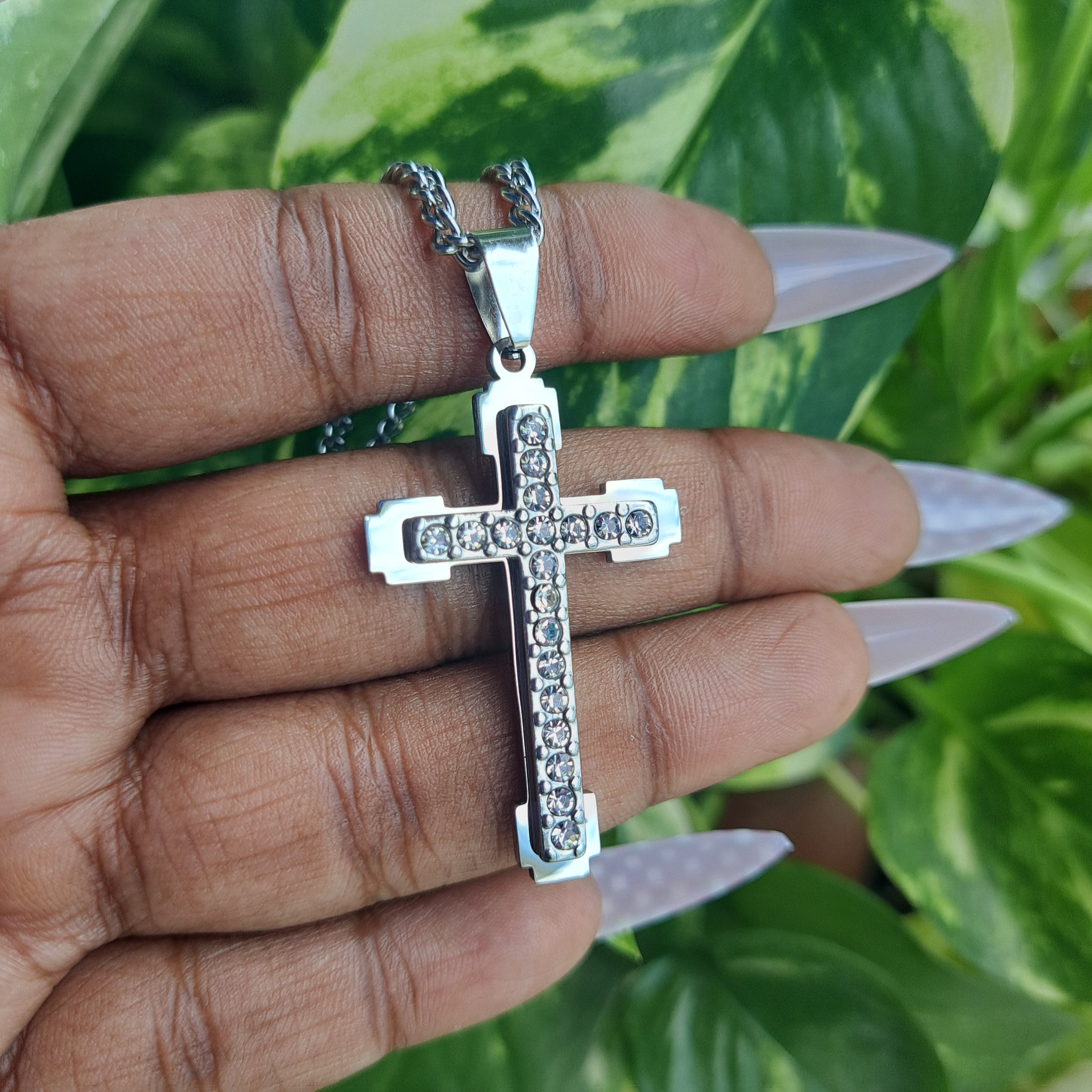 Cross Stainless Steel Necklace_ 2 Layer Rhinestones