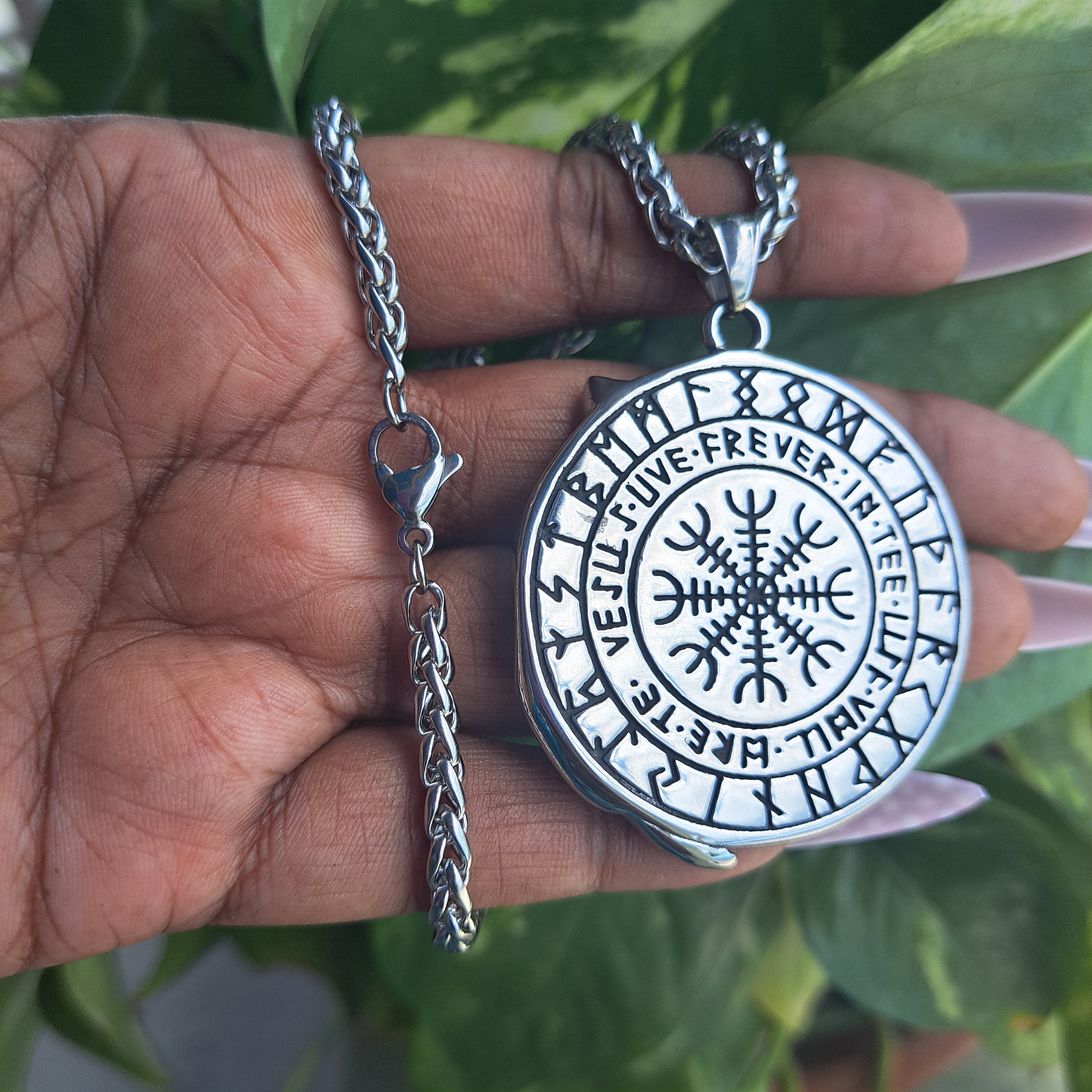 Fenrir Wolf, Runes, Helm of Awe Stainless Steel Necklace