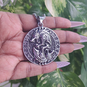 Fenrir Wolves (2), Runes, Helm of Awe Stainless Steel Necklace