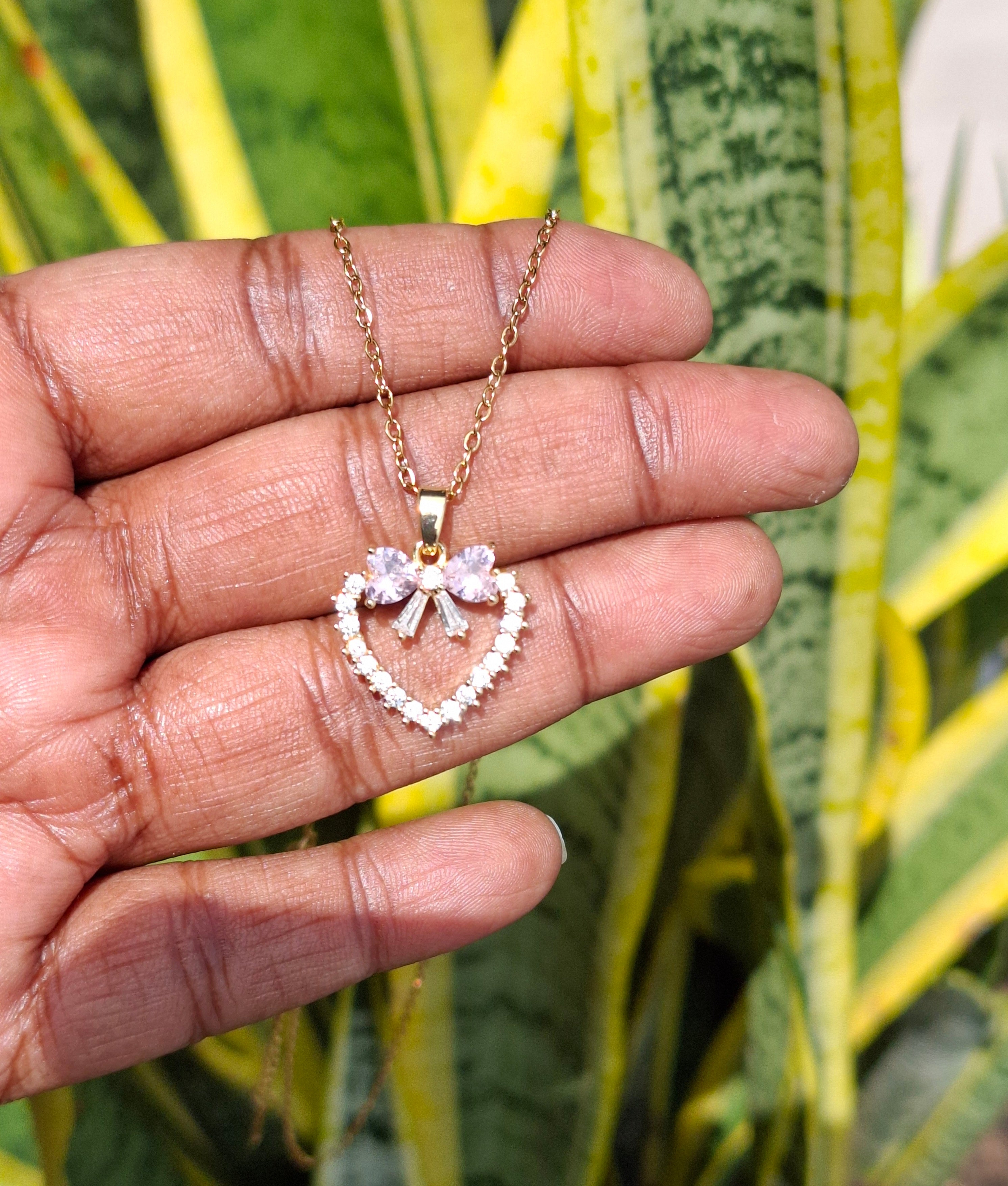 Heart Bow Rhinestones Stainless Steel Necklace