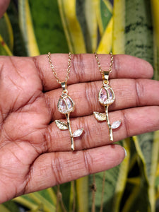 Flower Big Rhinestone Tulip Necklace & Earrings Stainless Steel Set