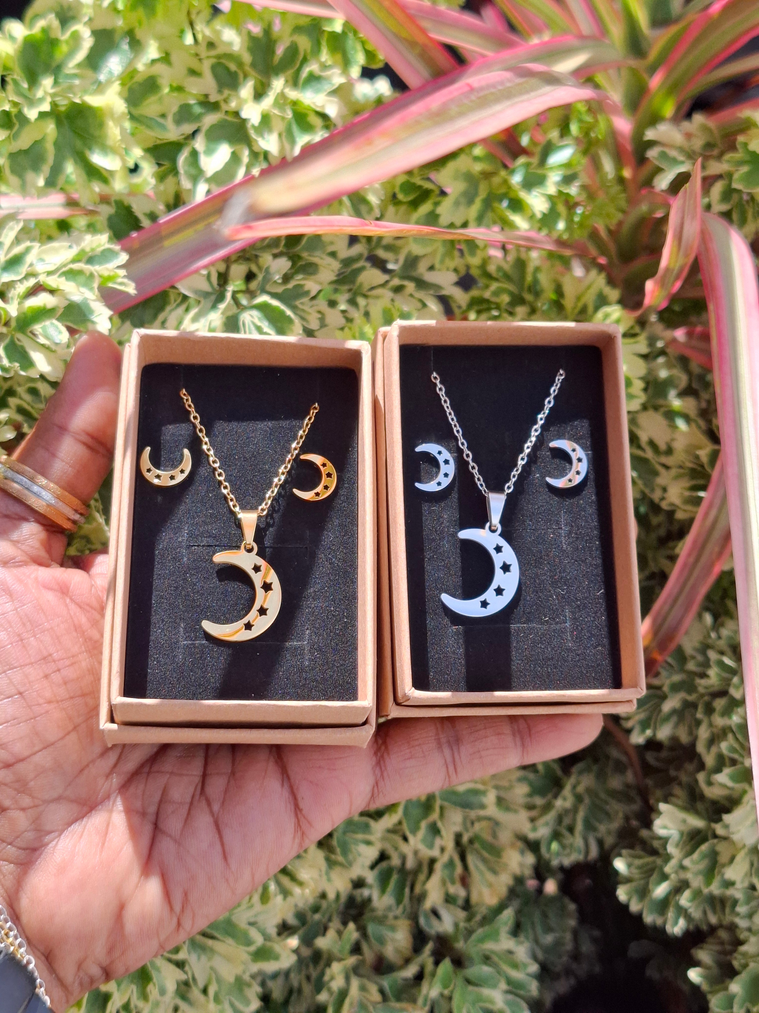 Moon & 4 Stars Necklace & Earring Stainless Steel Set