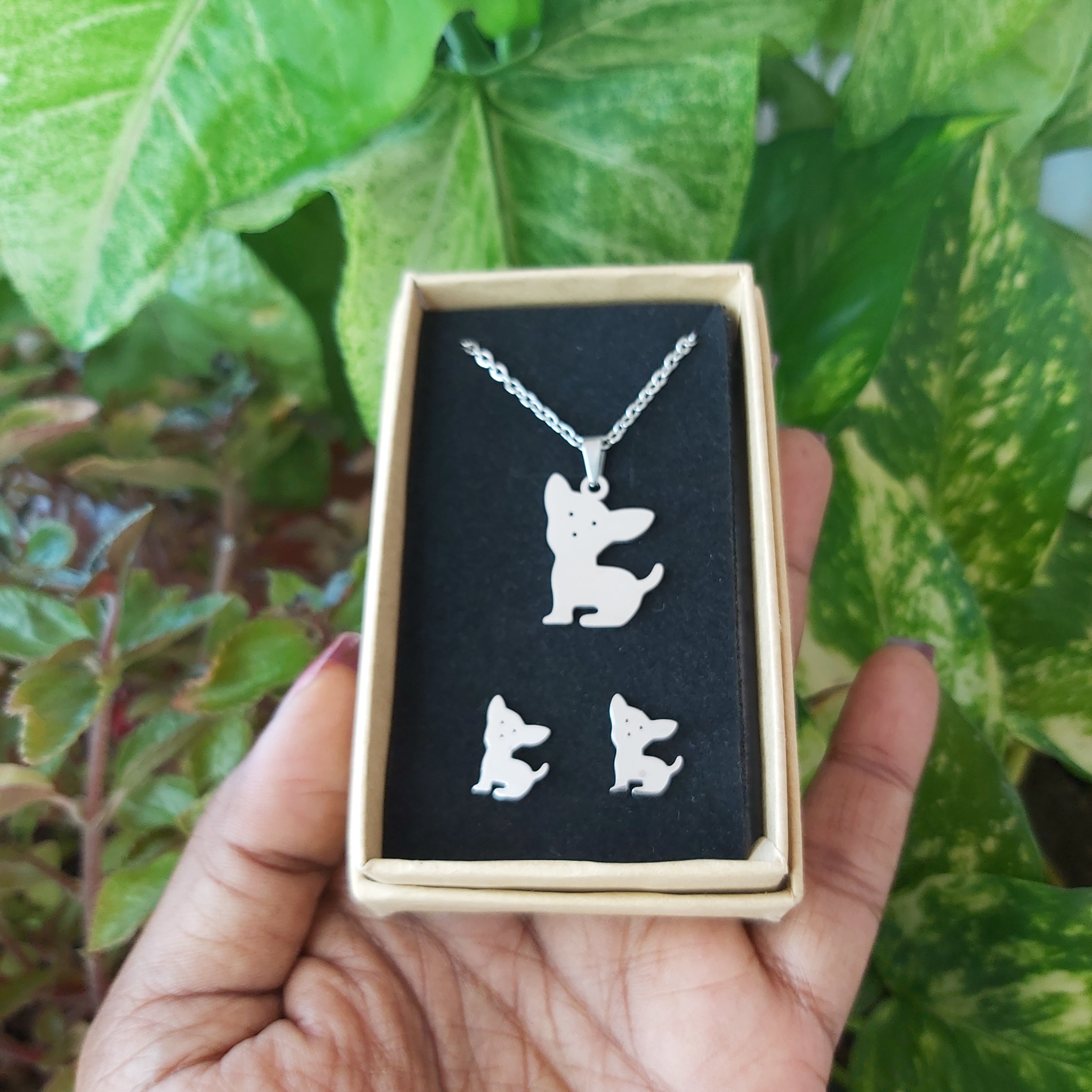Puppy Animal Necklace & Earrings Stainless Steel Set
