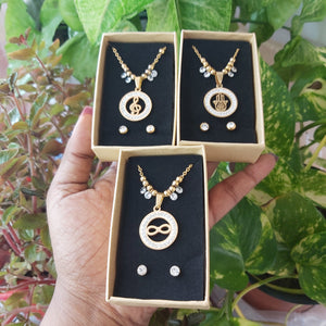 Music, Hamsa, Infinity Circle Rhinestones Necklace & Earrings Stainless Steel Set