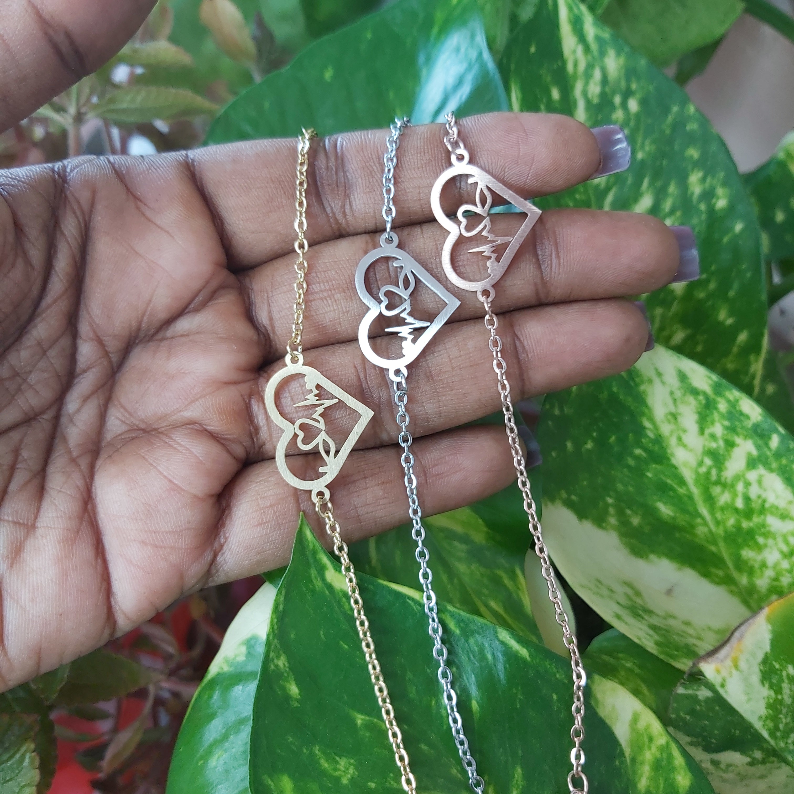 Heart Beat Pulse Hollow Necklace Bracelet & Earrings Stainless Steel Set