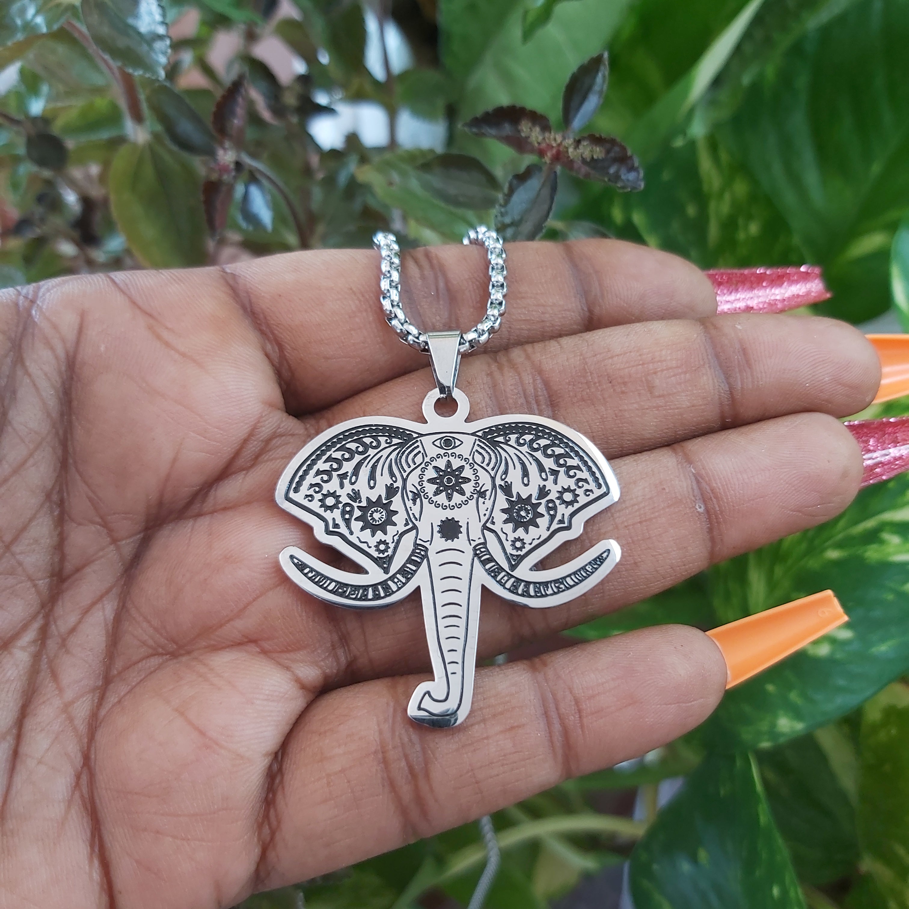 Lotus Flower, Geometric Flower, Elephant Stainless Steel Necklace