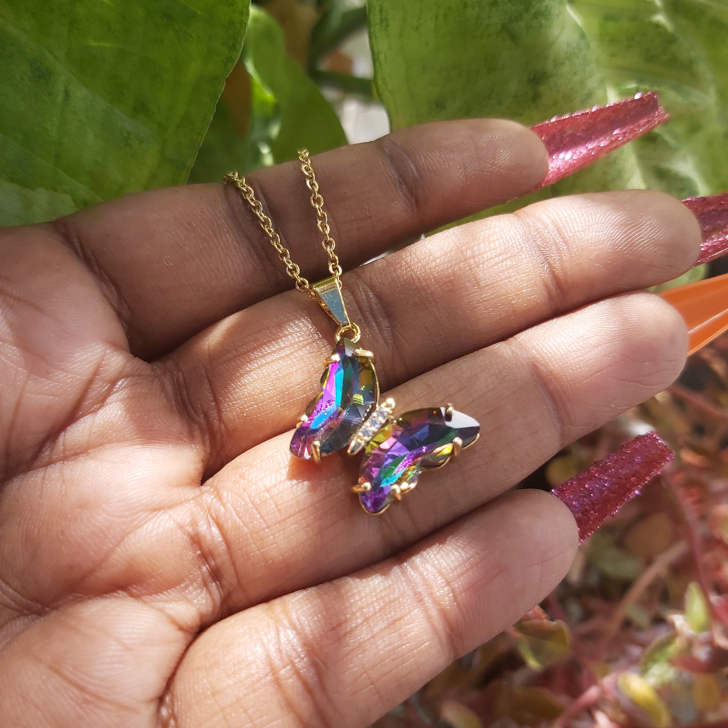 Butterfly Rhinestones Glass Rainbow Necklace, Bracelet, Ring & Earrings Stainless Steel Set