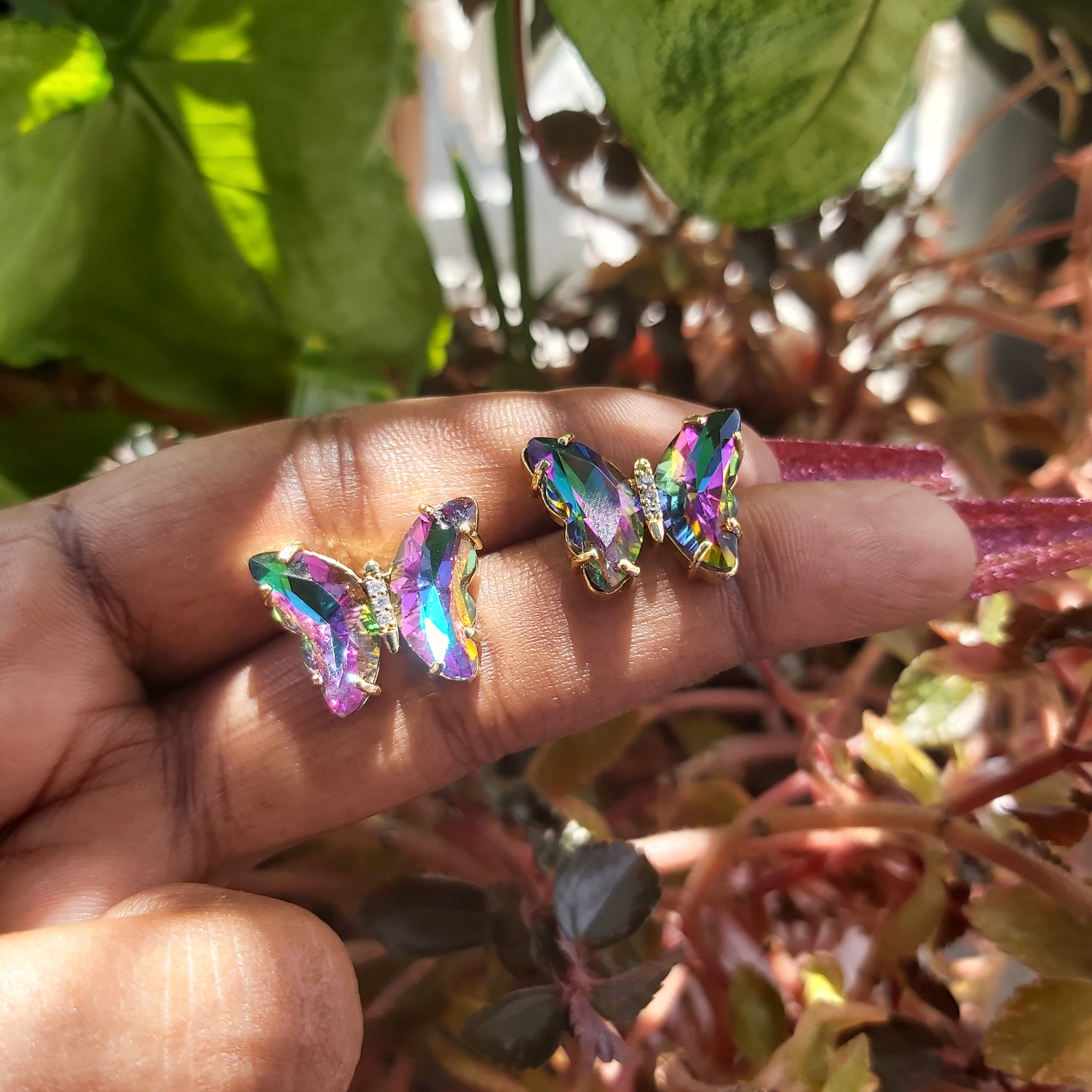 Butterfly Rhinestones Glass Rainbow Necklace, Bracelet, Ring & Earrings Stainless Steel Set