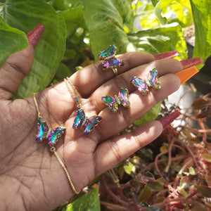 Butterfly Rhinestones Glass Rainbow Necklace, Bracelet, Ring & Earrings Stainless Steel Set
