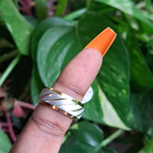 Diagonal Strip Indents Stainless Steel Gold Ring