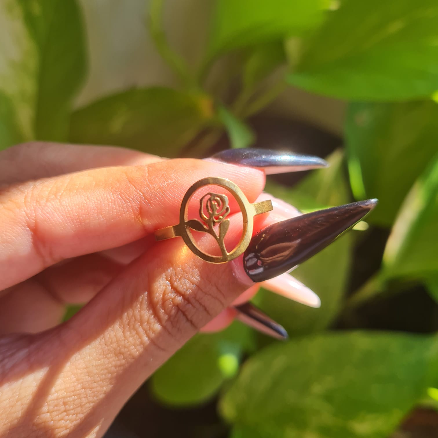 Heartbeat/Pulse Rose Planet/Earth Adjustable Gold Stainless Steel Ring