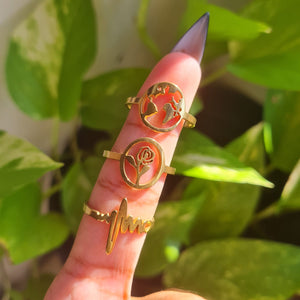 Heartbeat/Pulse Rose Planet/Earth Adjustable Gold Stainless Steel Ring